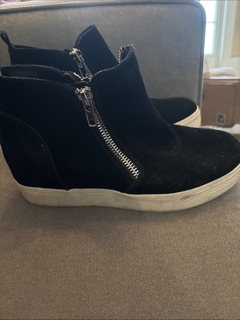 Steve Madden Black Suede Wedge Sneaker with Silver Zipper on Both Sides